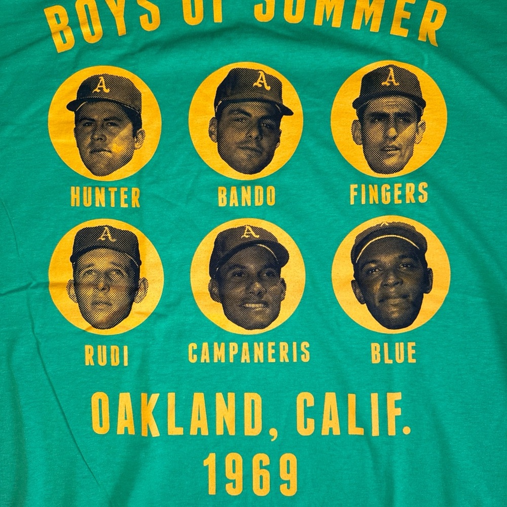 NWT Oakland A’s 1969 Boys of Summer Bando/Rudi/Vida/Fingers T-Shirt Green XL - Picture 2 of 8